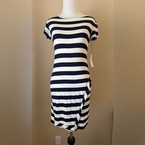 Loveappella Black and White Striped Midi Dress